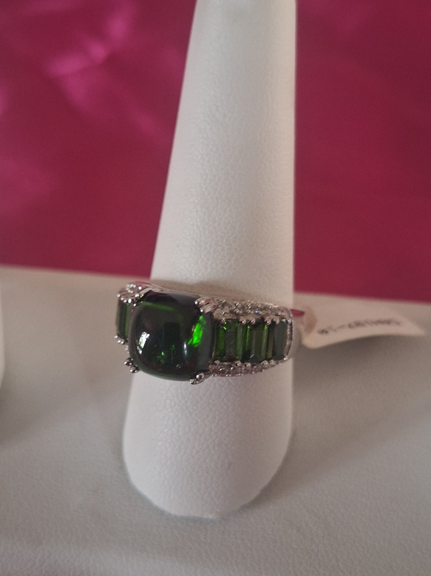 Chrome Diopside Cabochon and Zircon Ring size 9
