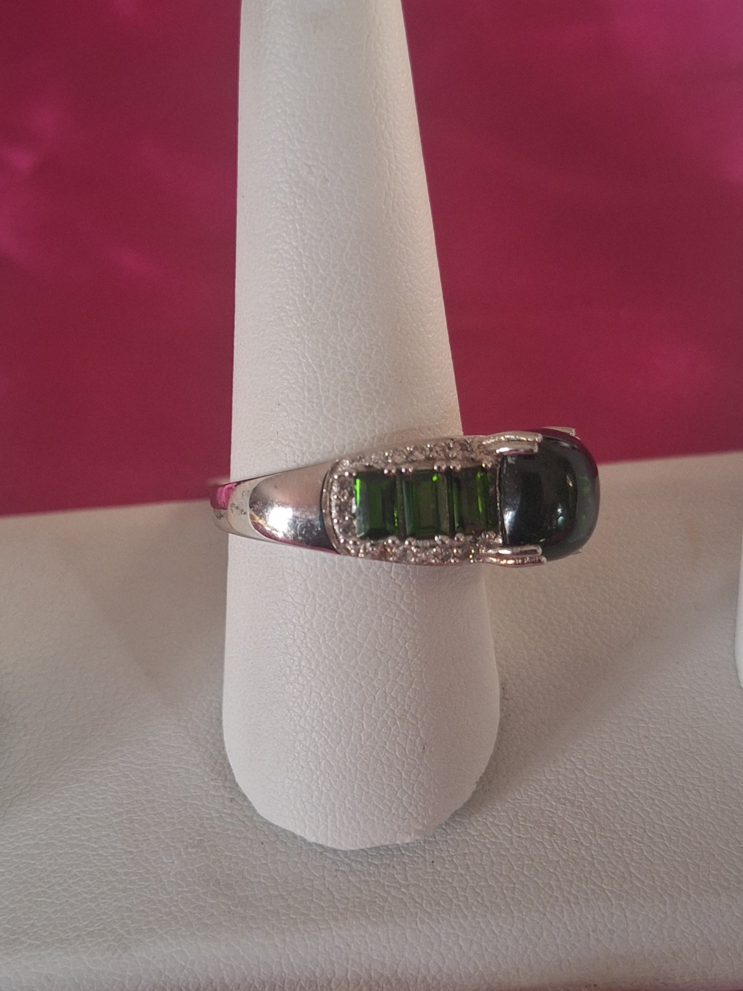 Chrome Diopside Cabochon and Zircon Ring size 9