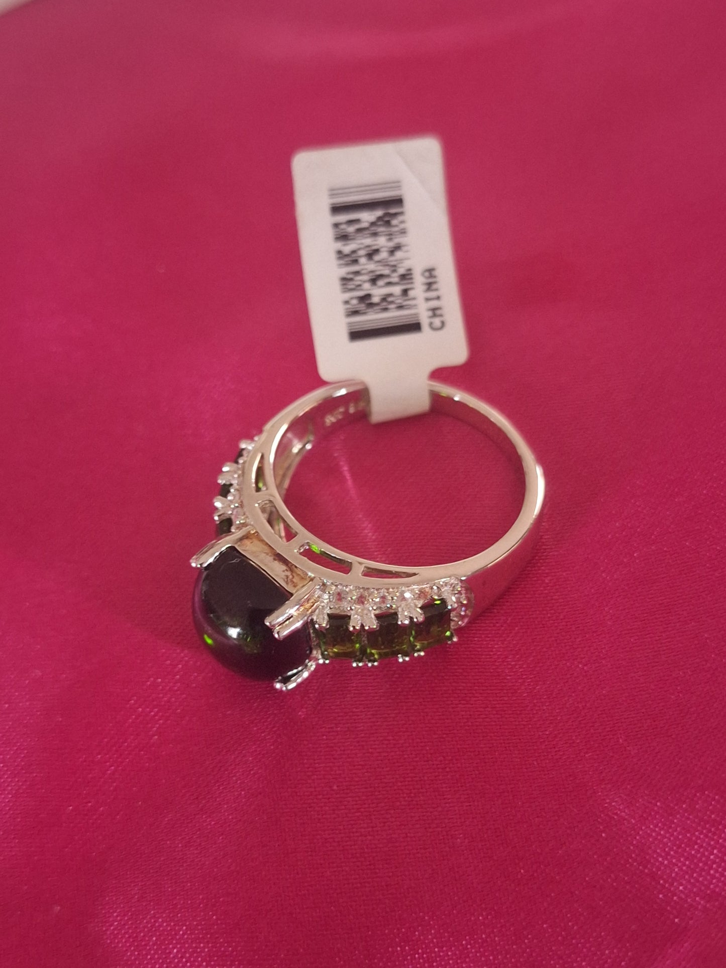 Chrome Diopside Cabochon and Zircon Ring size 9