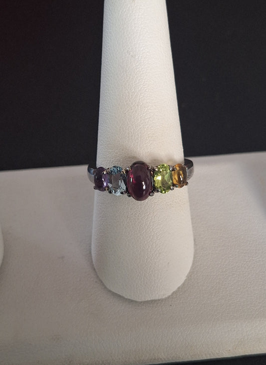 A 925 Sterling Silver Muliti-color Gemstone Ring