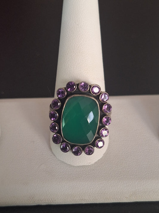Green Chalcedony Amethyst Sterling Silver Ring