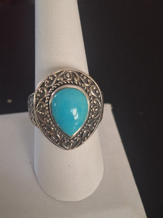 Boho Sterling Silver Blue Turquoise Tear Drop Woven Ring