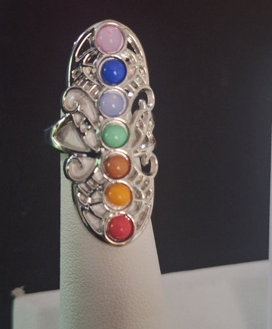Seven Chakra Crystals Large Filigree Gemstone Boho Adjustable Silver Plated