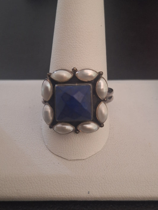 Natural Lapis Lazuli and Pearl Antique-Style 925 Sterling Silver Ring