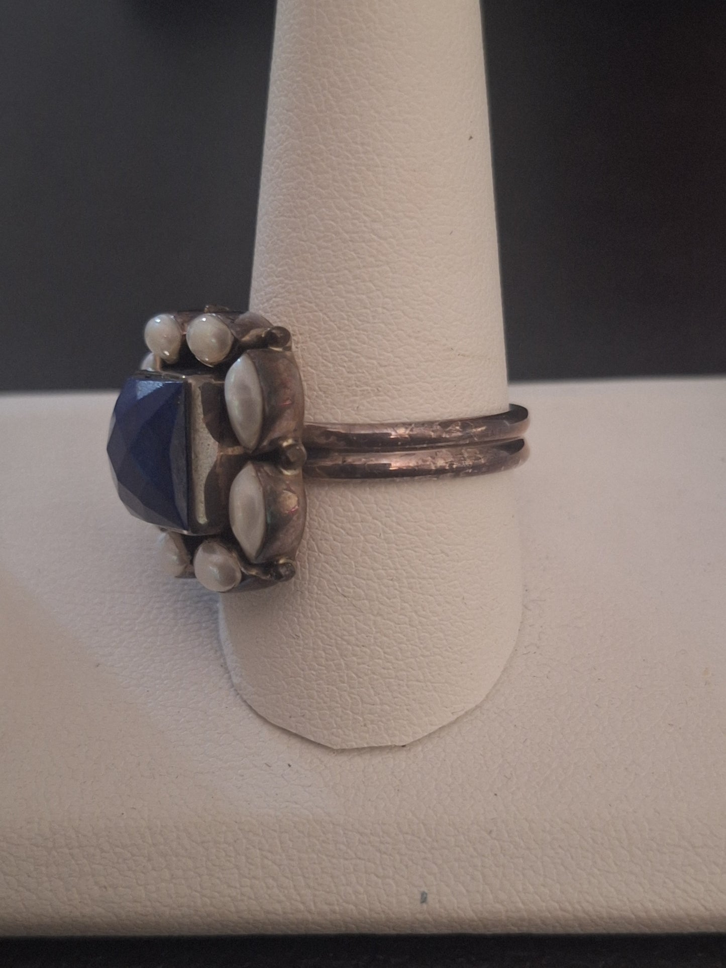 Natural Lapis Lazuli and Pearl Antique-Style 925 Sterling Silver Ring