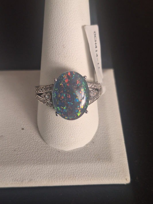 Black Opal With Diamonds 925 Sterling Silver