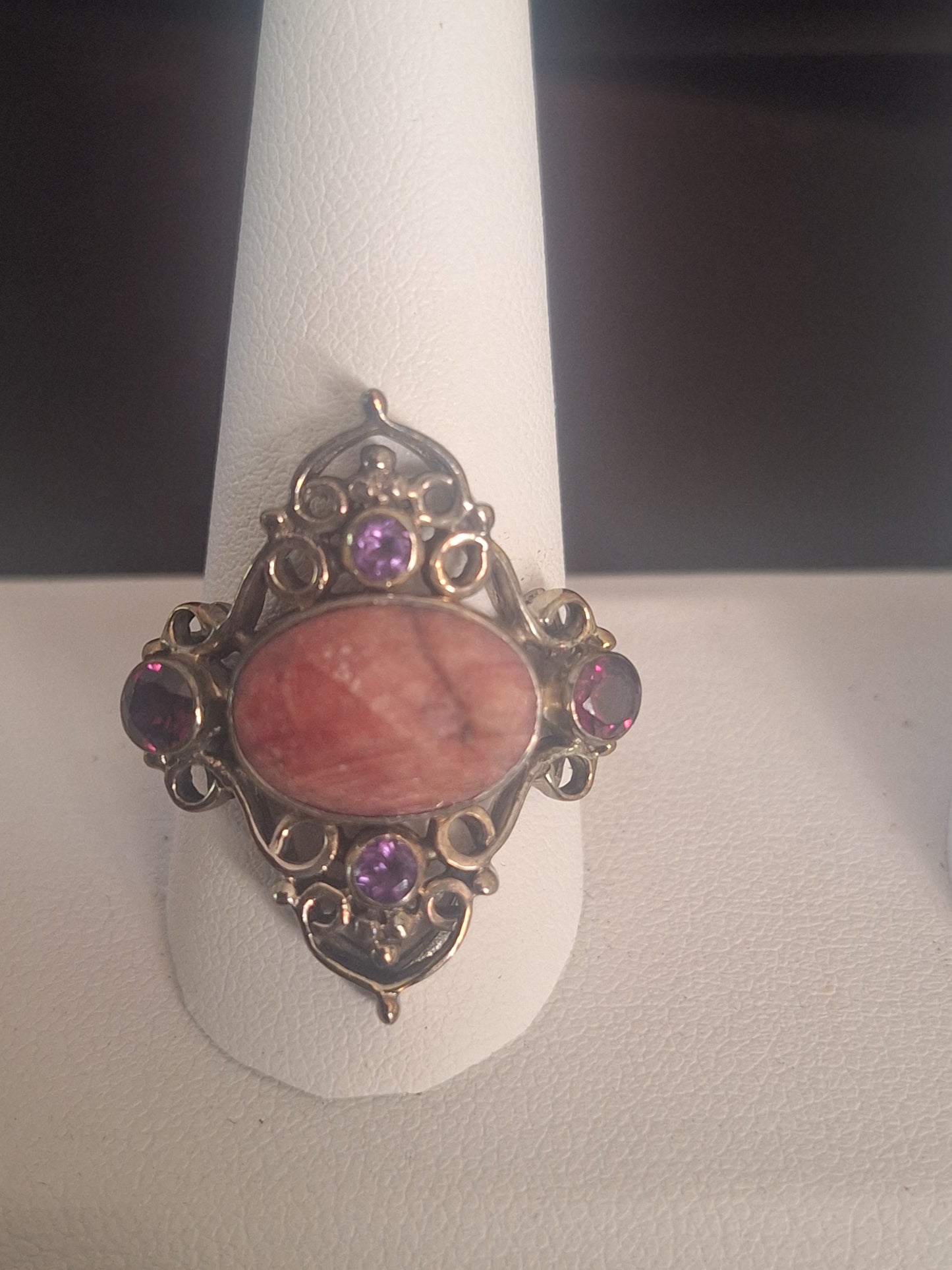 oval Shaped Pink Mussel Shell And Amethyst Ring