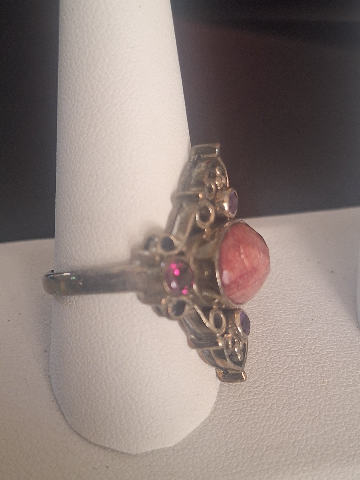 oval Shaped Pink Mussel Shell And Amethyst Ring