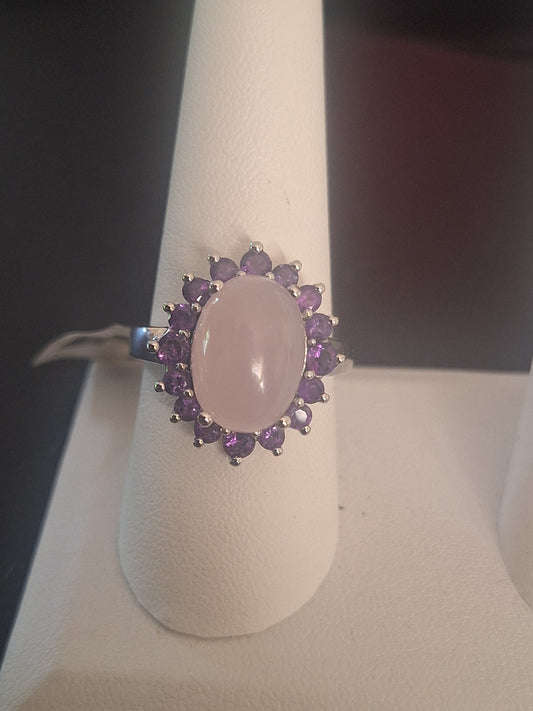 Lavender Jade Sterling Silver Cabochon Cut with Amethyst Ring