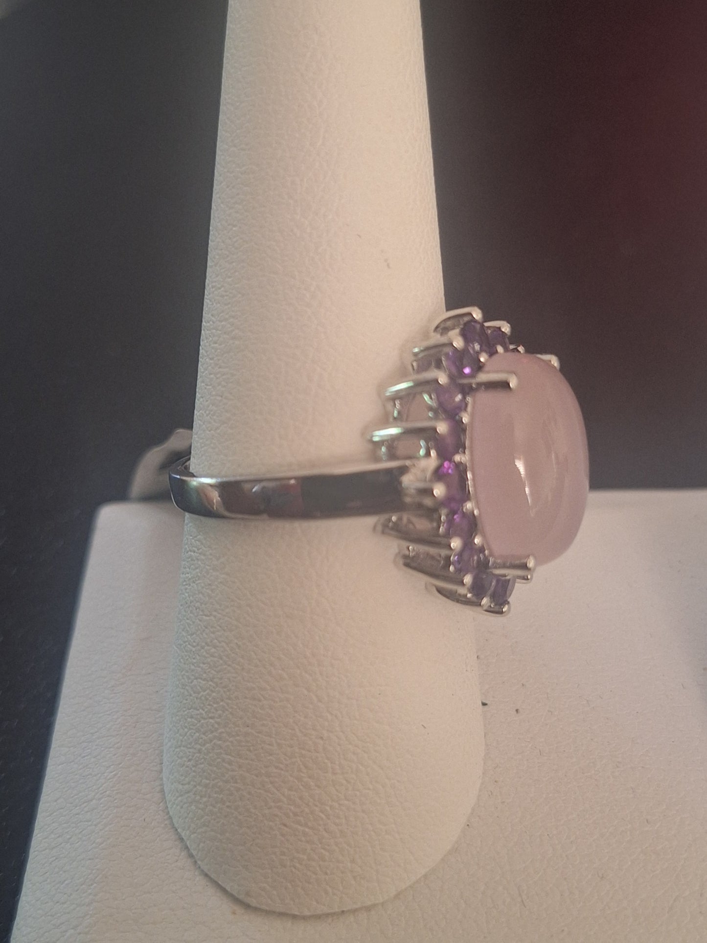Lavender Jade Sterling Silver Cabochon Cut with Amethyst Ring