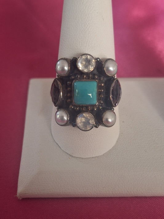 Raj Turquoise/Gemstone Sterling Silver Cluster Ring