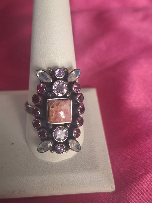 Multi-Stone 925 Sterling Silver Pink Stone, Amethyst & Moonstone Ring