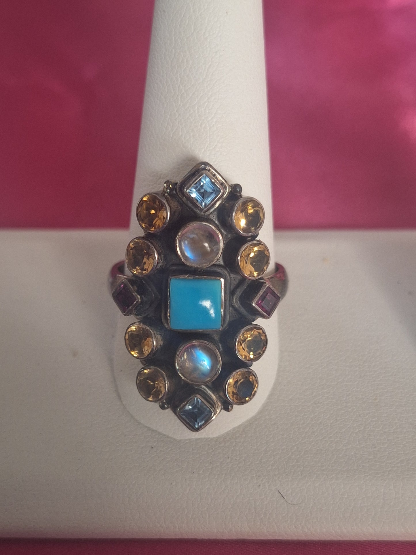 925 Sterling Citrine, Garnet, Topaz, Moonstone & Turquoise Ring