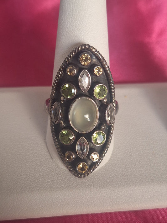 Sterling Silver 925 Jade Mulit-Gemstone Cocktail Ring