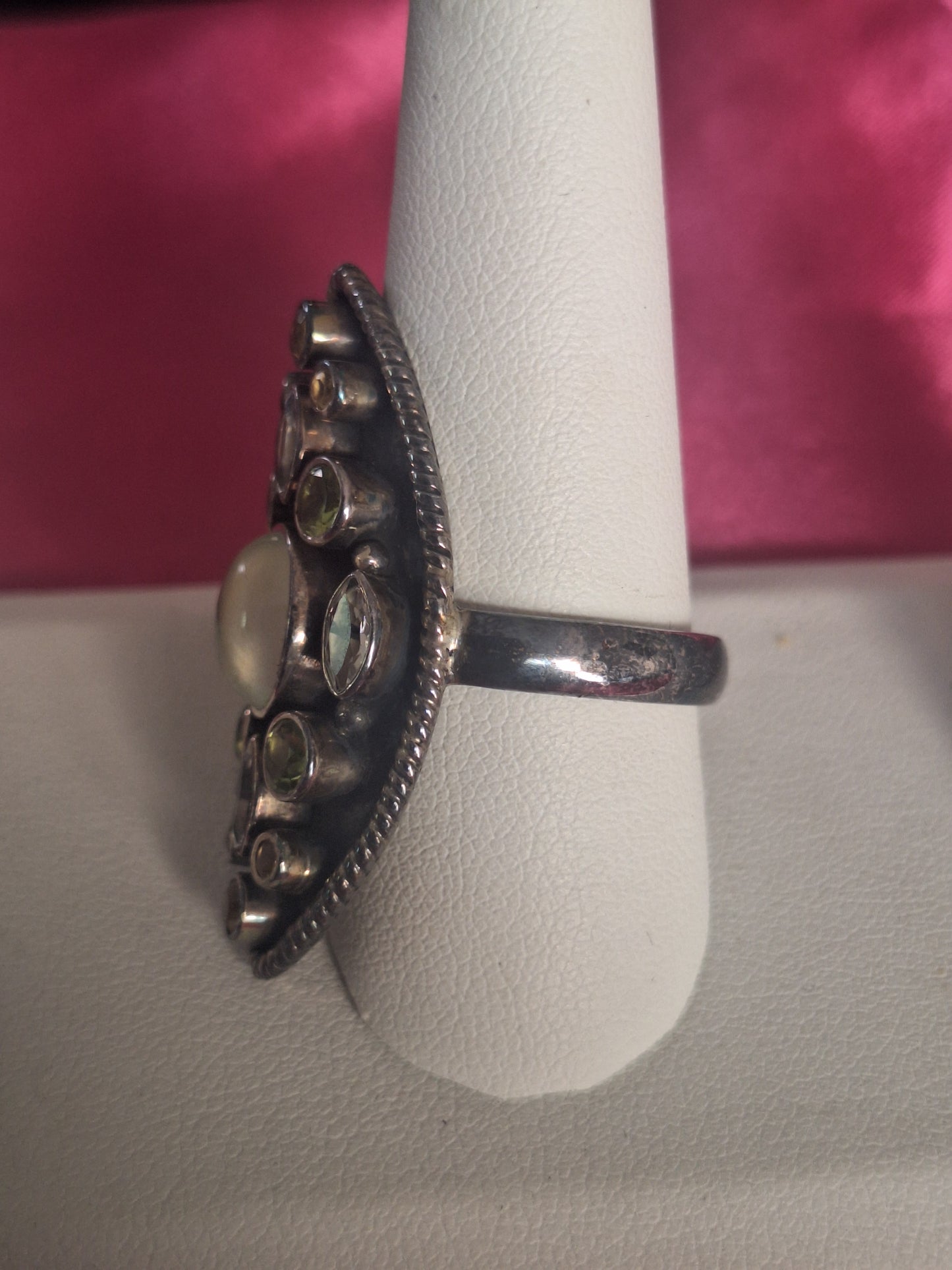 Sterling Silver 925 Jade Mulit-Gemstone Cocktail Ring