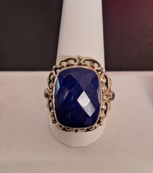Vintage Deep Blue Sapphire White Bronze Silver Cocktail Ring
