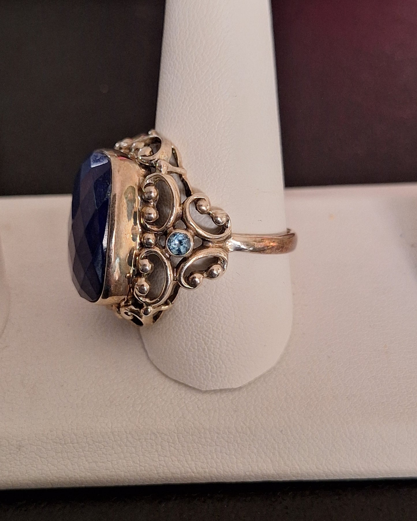 Vintage Deep Blue Sapphire White Bronze Silver Cocktail Ring