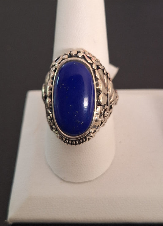 Sterling Silver Oval Cabochon Lapis Lazuli Leaves & Flowers Ring