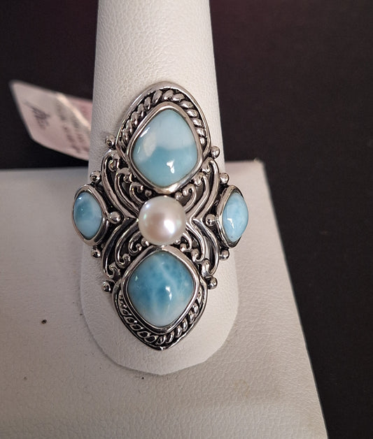Cabochon Larimar With 5.5MM White Cultured Freshwater Pearl Sterling Silver Ring