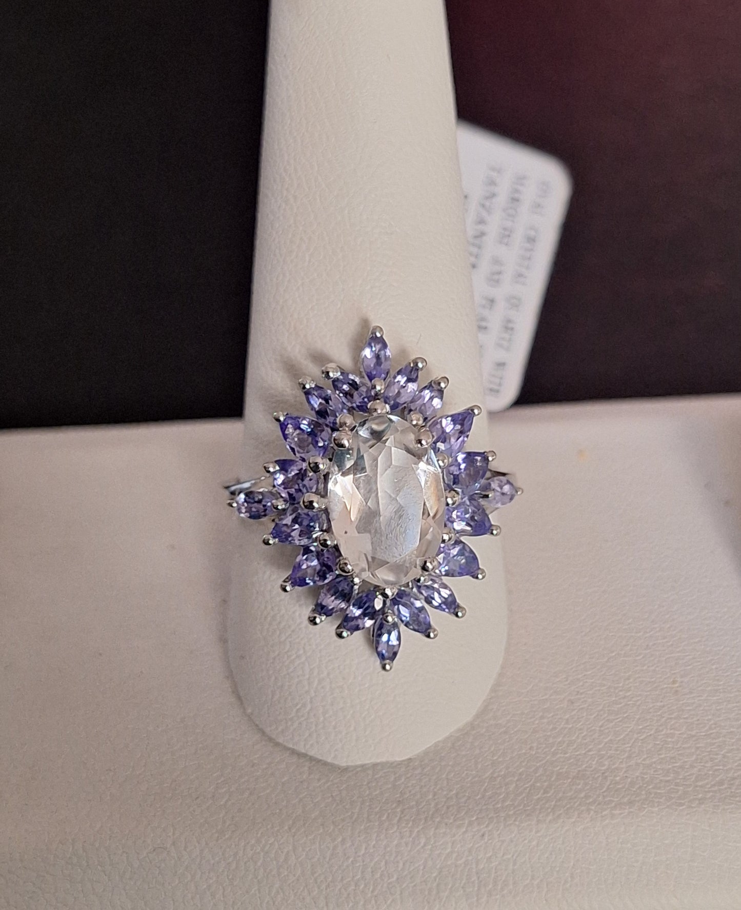 Oval Crystal Quartz With Marquise and Pear Shaped Tanzanite Sterling Silver Ring