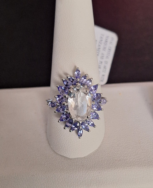 Oval Crystal Quartz With Marquise and Pear Shaped Tanzanite Sterling Silver Ring