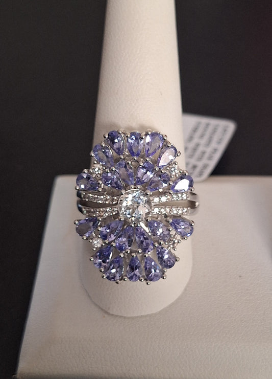 Victoria Wieck 5.07CTW Pear Shaped Tanzanite .80CTW White Topaz Ring Designer Sterling Silver 925