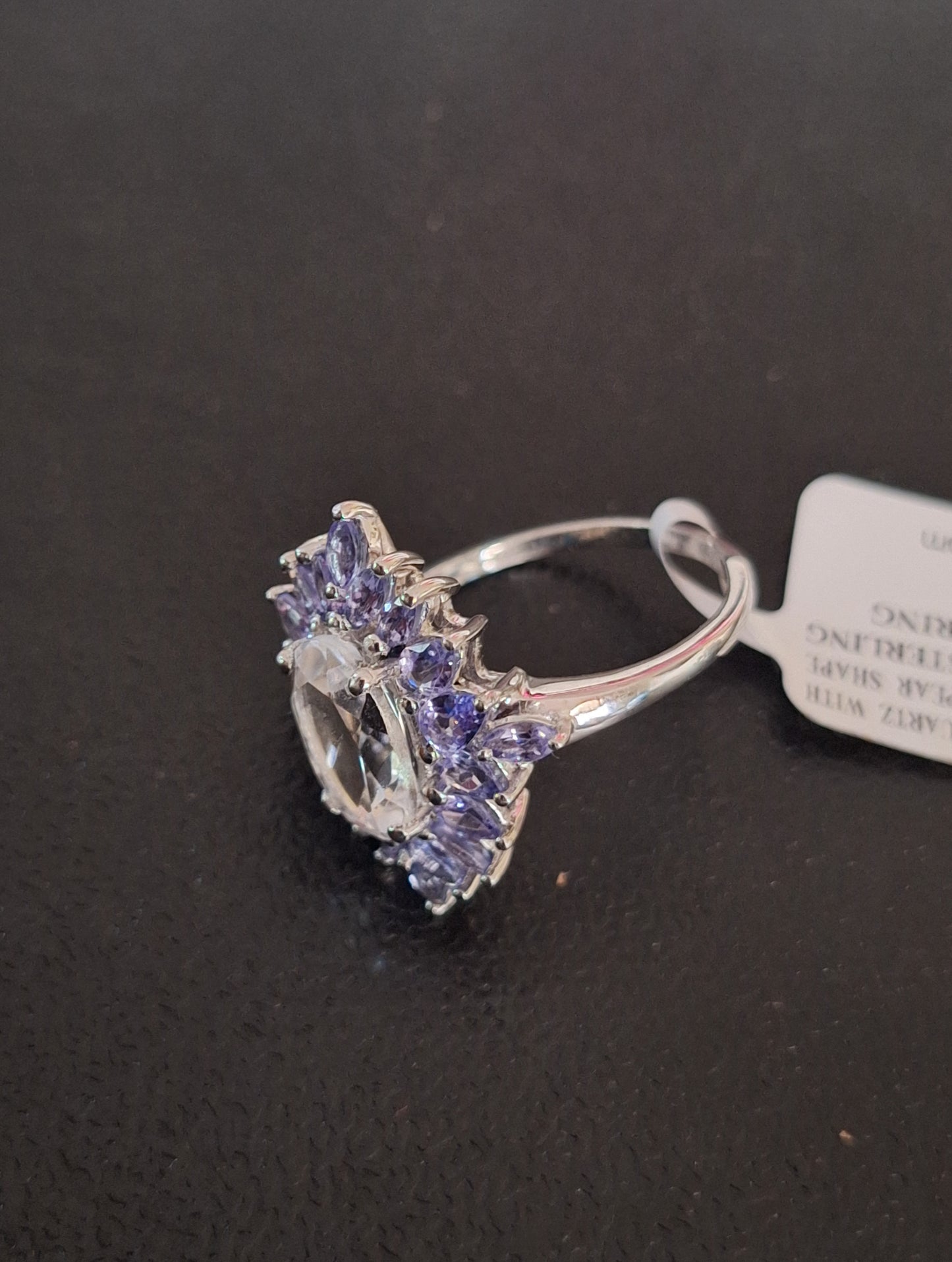 Oval Crystal Quartz With Marquise and Pear Shaped Tanzanite Sterling Silver Ring