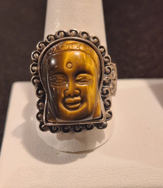 Sterling Silver Hand-Carved Buddha Head Tiger's Eye