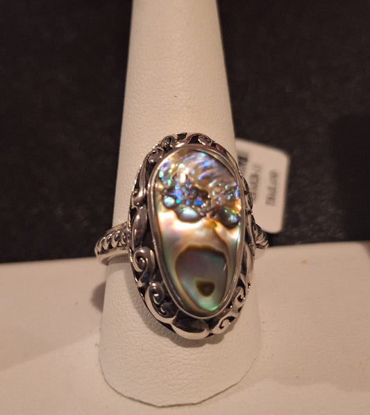 Abalone Shell Rhodium Slice Ring Over Sterling Silver