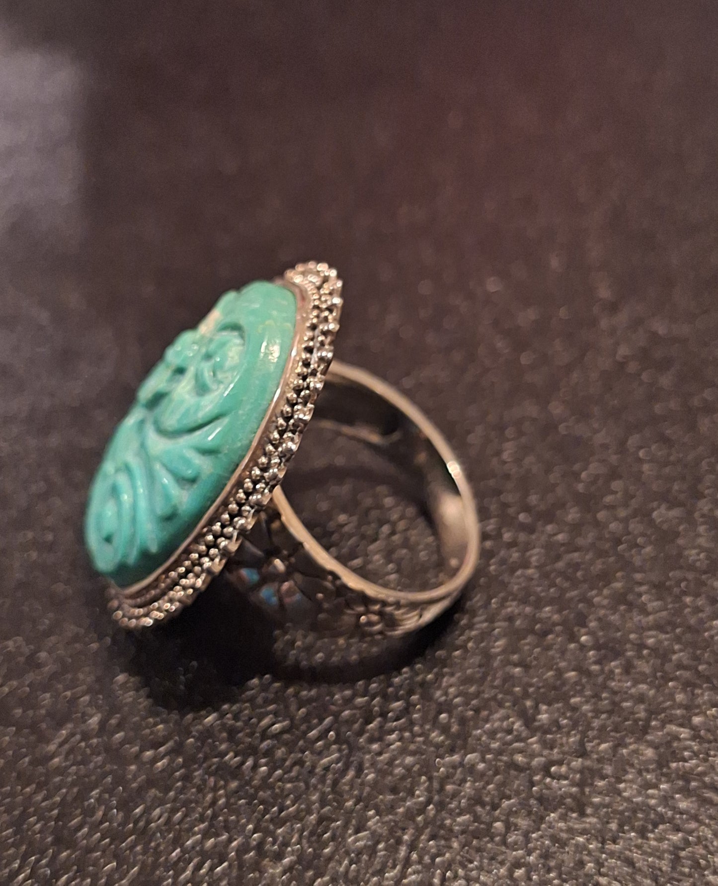 Vintage AKR Carved Turquoise Sterling Silver Ring.