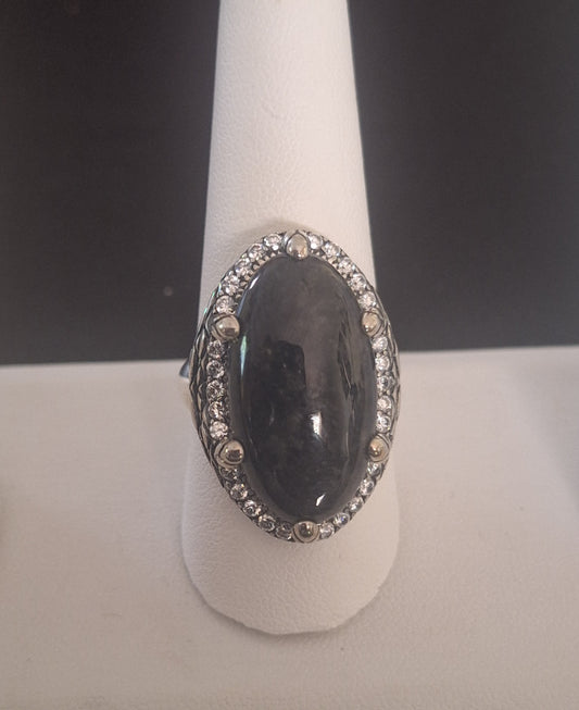 Vintage Large Oval Egg Face Burmese Violet Inlaid Purple& Clear CZ Jasper Ring 925 Sterling RG 1857