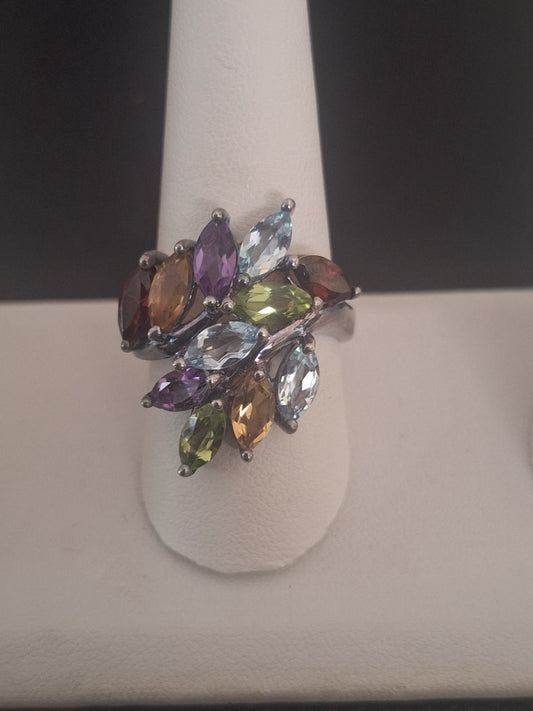 Vintage Multi Color Blue Topaz; Amethyst Crystal Flower Floral 925 Sterling Silver.