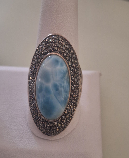 Sterling Silver Large Boho Larimar Statement Filigree Ring