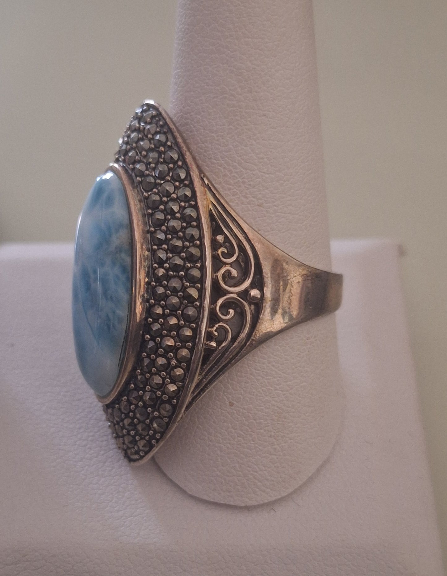 Sterling Silver Large Boho Larimar Statement Filigree Ring