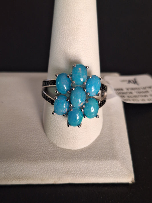 Sterling Silver Oval Blue Opal Black Spinel Ring