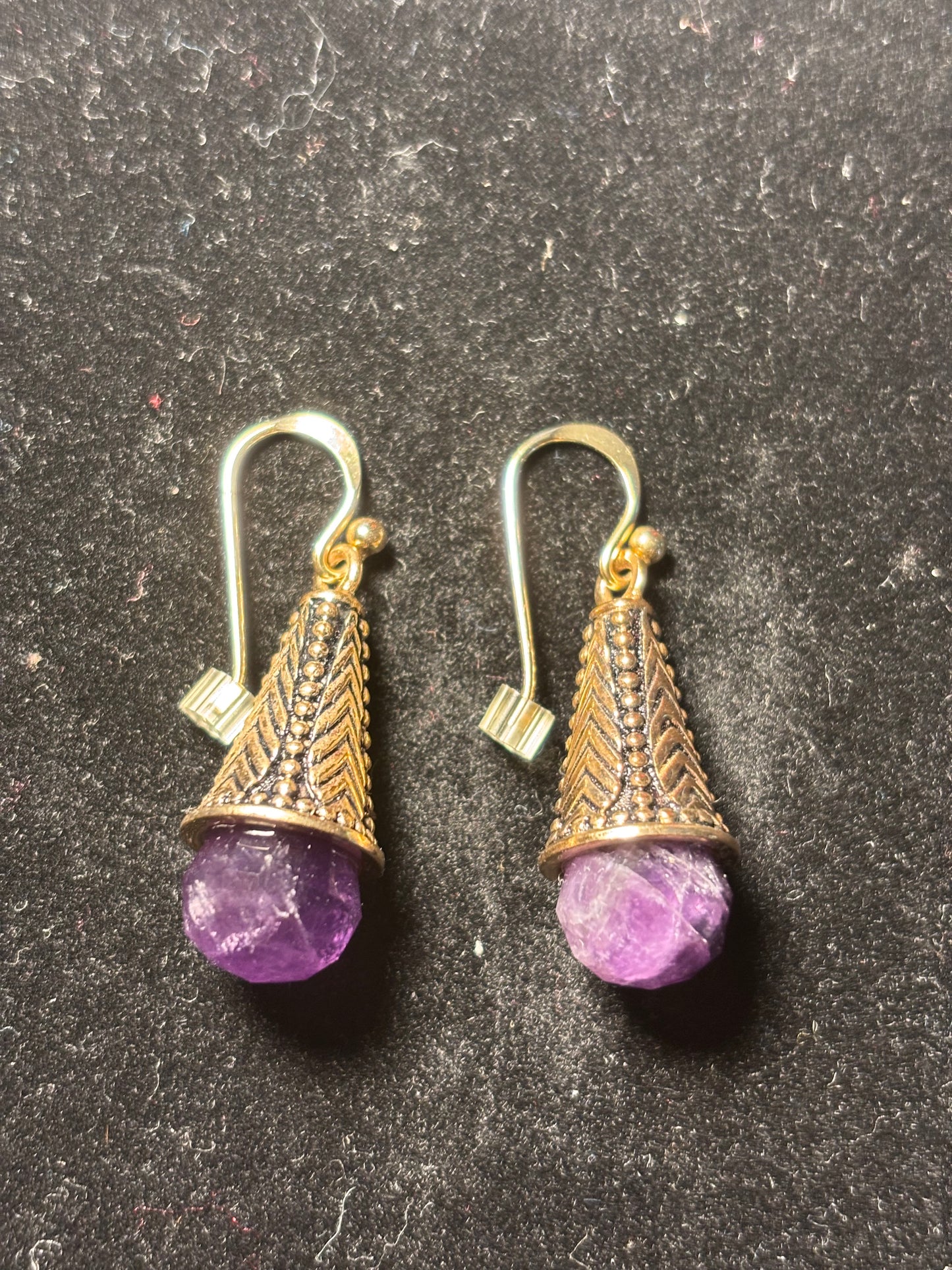 Floral Design Gold and Purple Cone Drop Earrings