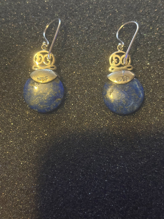 Vintage Sterling Silver 925 Round Blue Lapis Dangle Earrings