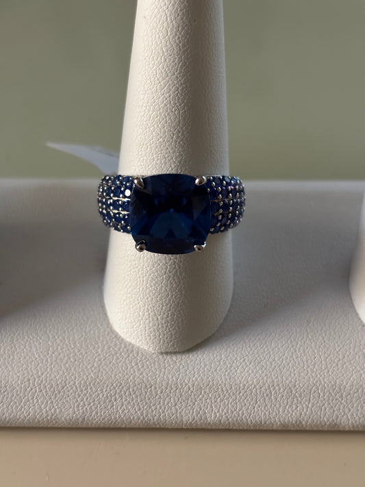 Blue Lab Created Spinel Rhodium Over Sterling Silver Ring
