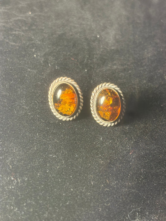 Natural Golden Dark Honey Amber Sterling Silver Oval Stud 925 Earrings 4f 86