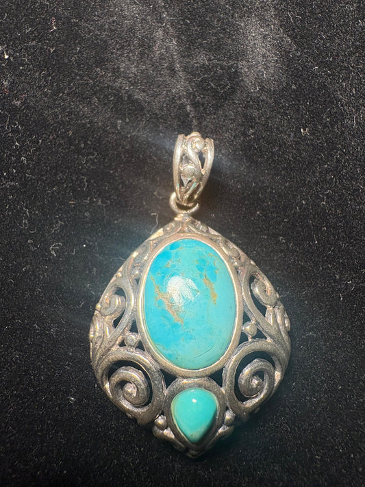 STERLING SILVER SIGNED NK BLUE TURQUOISE DANGLE DROP KATHY YAZZIE PENDANT