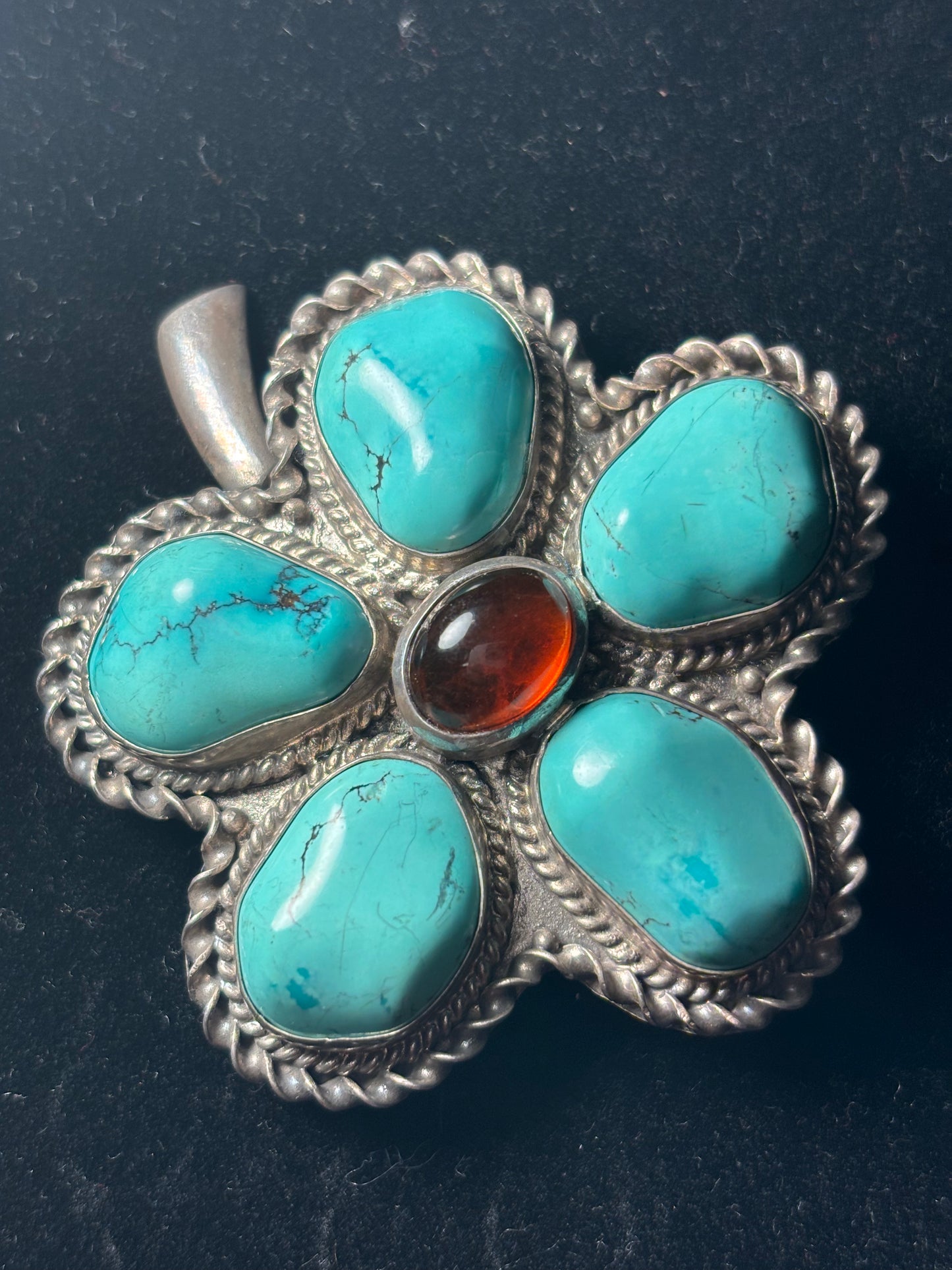 Natural Turquoise & Amber Sterling Silver 5-Leaf Clover Pendant/Pin