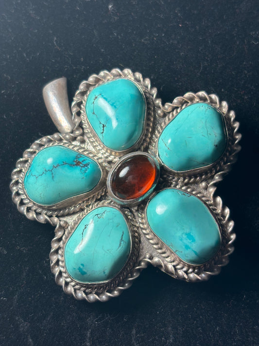 Natural Turquoise & Amber Sterling Silver 5-Leaf Clover Pendant/Pin