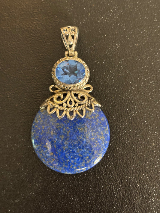 BF Sterling Silver Lapis-Lazuli Blue Cubic Zirconia Balinese Style Drop Pendant