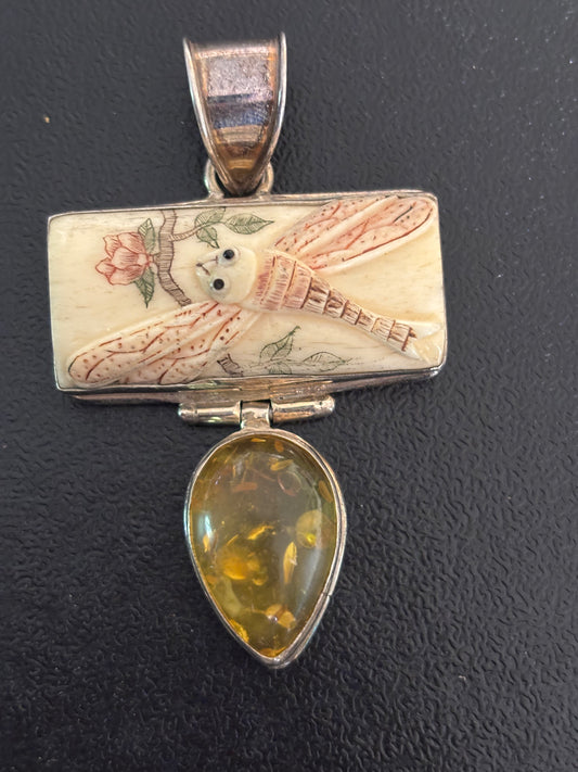 Vintage Dragonfly Agate Amber sterling silver necklace