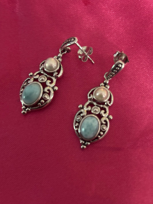 Larimar and Pearl Drop Earrings 925 Sterling Silver.