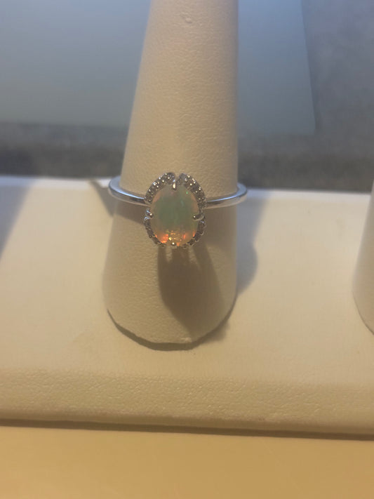 Vintage Sterling Silver White Opal & White Topaz Halo Ring