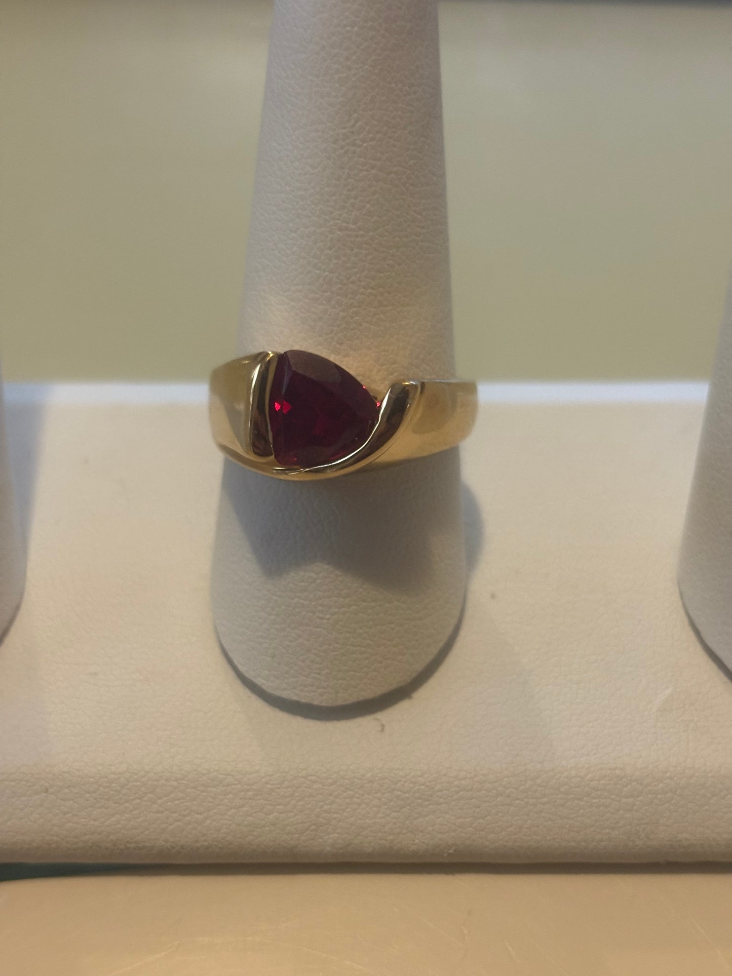 UTC Trillion Cut Lab RED RUBY 18 K Gold Plated 925 Sterling Silver Ring