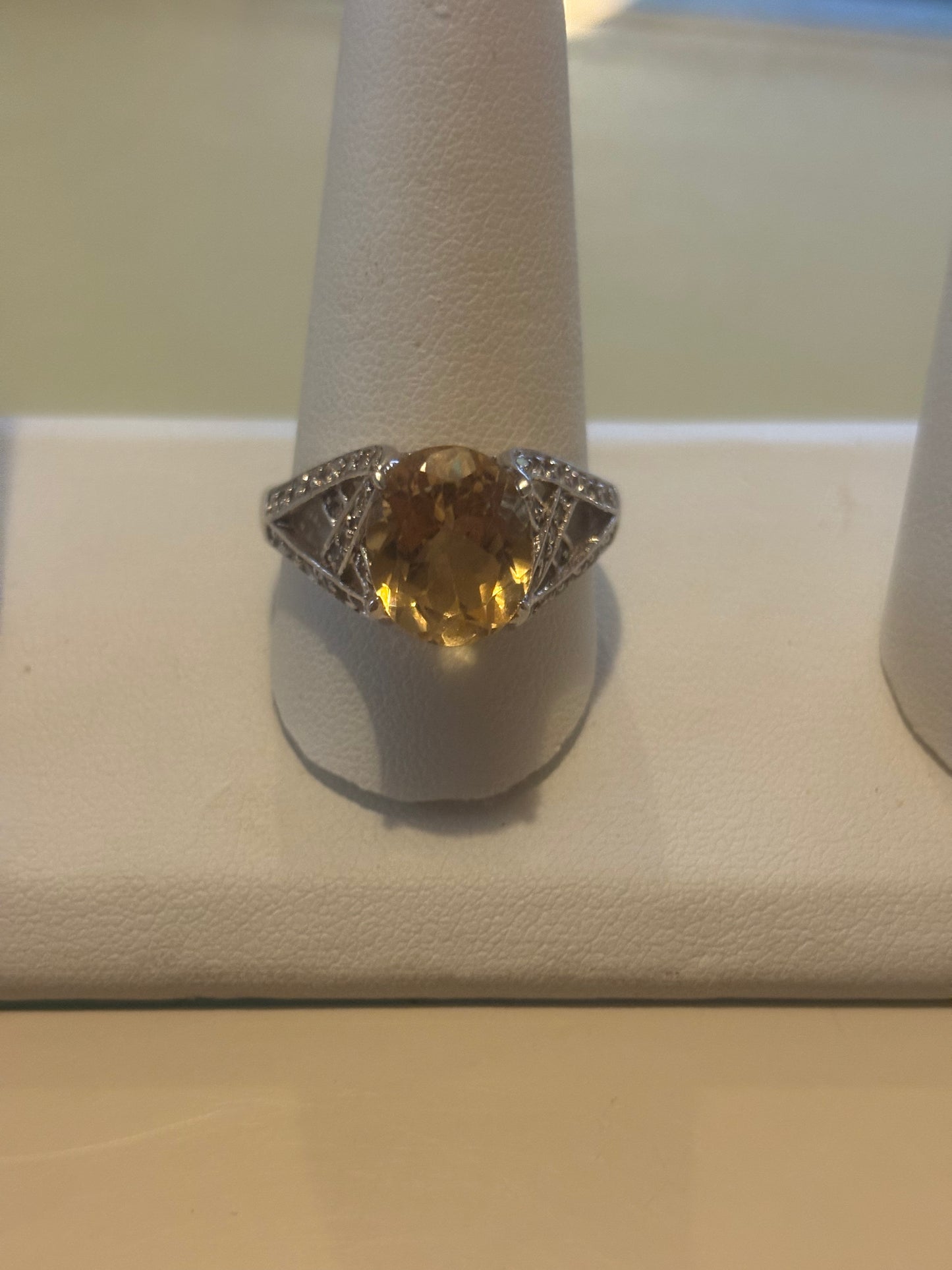 Golden Topaz CZ Ring 925 Sterling Silver Signed Fancy Raised