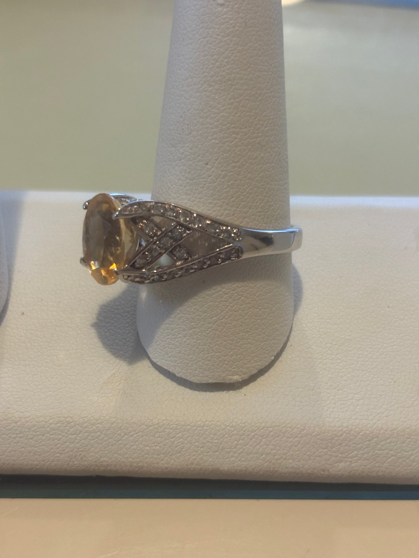 Golden Topaz CZ Ring 925 Sterling Silver Signed Fancy Raised
