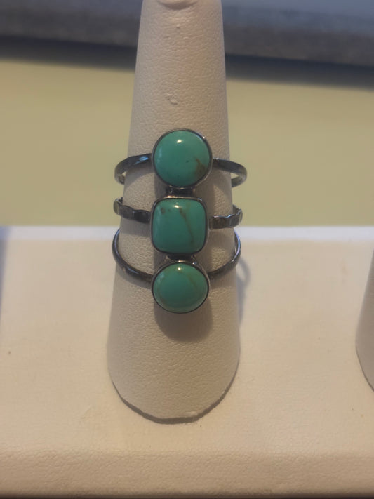 ATI 925 Mexico Sterling Silver & Turquoise Trio Ring